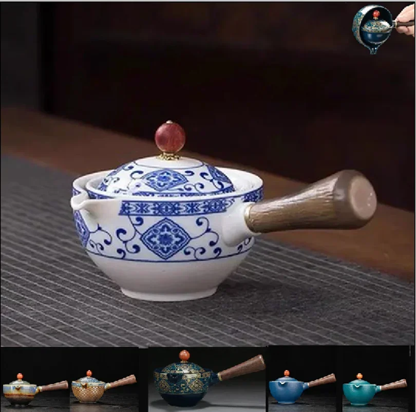 

Portable Flower Ceramic Automatic Spinning Kung Fu Teapot with Wooden Handle, Side-handle Tea Pot, Teaware Filter,150ml