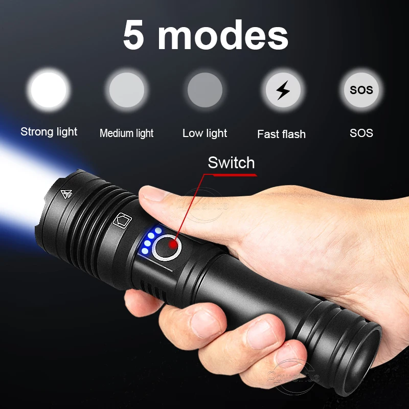 Powerful Torch High Power LED Flashlight XHP160 Super Bright Tactical Light Rechargeable Lantern Outdoor Adventure Camping Light