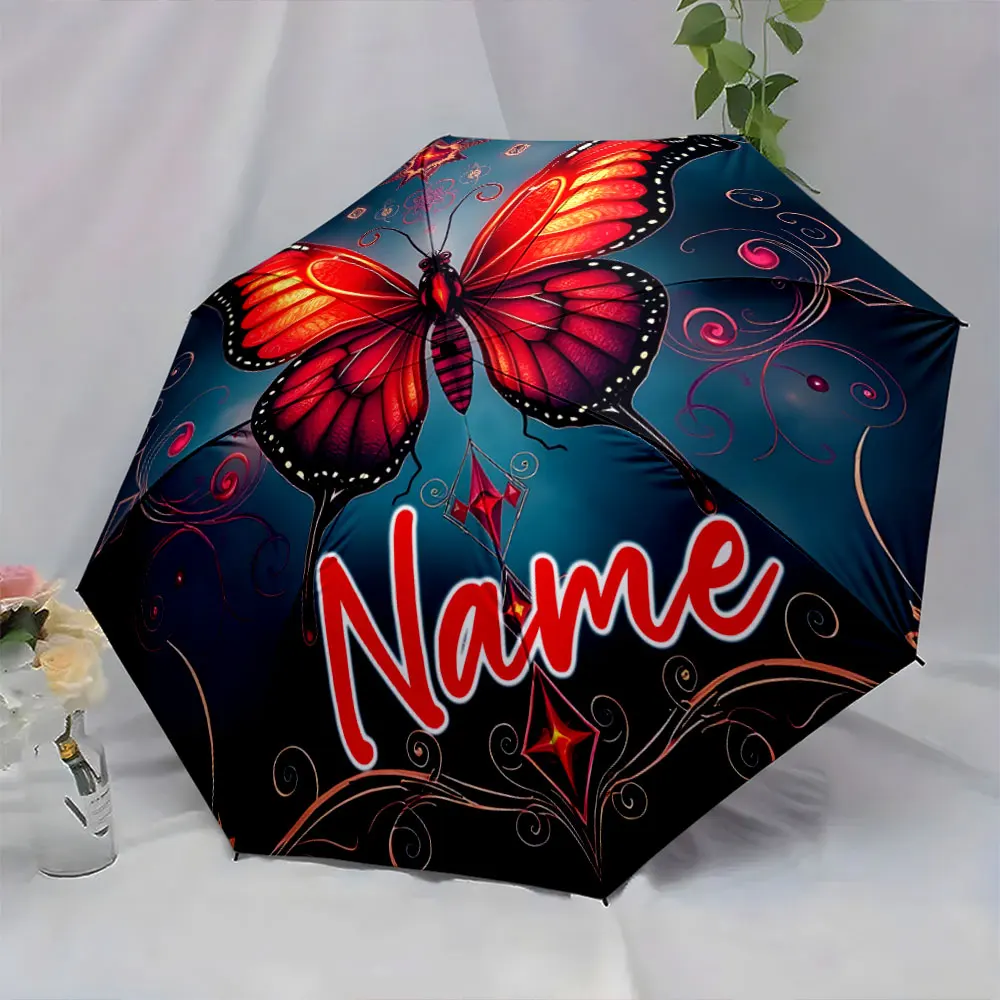 Custom Name Vivid Butterfly Umbrella Design 8 Iron Ribs Folding Umbrella Auto-Open Fashionable Sunshade Deluxe Gift