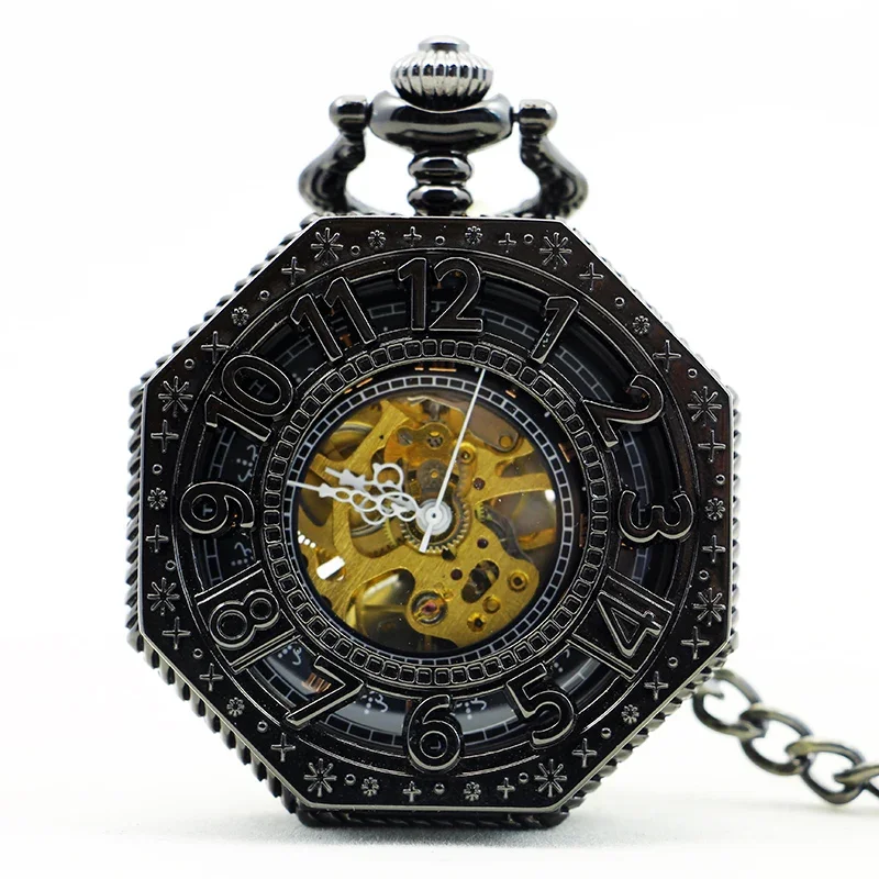 Steampunk Antique Hexagonal Mechanical Pocket Watch Hollow Necklace Chain Clock Men Women Lady Hand Wind Fob Watches Gifts