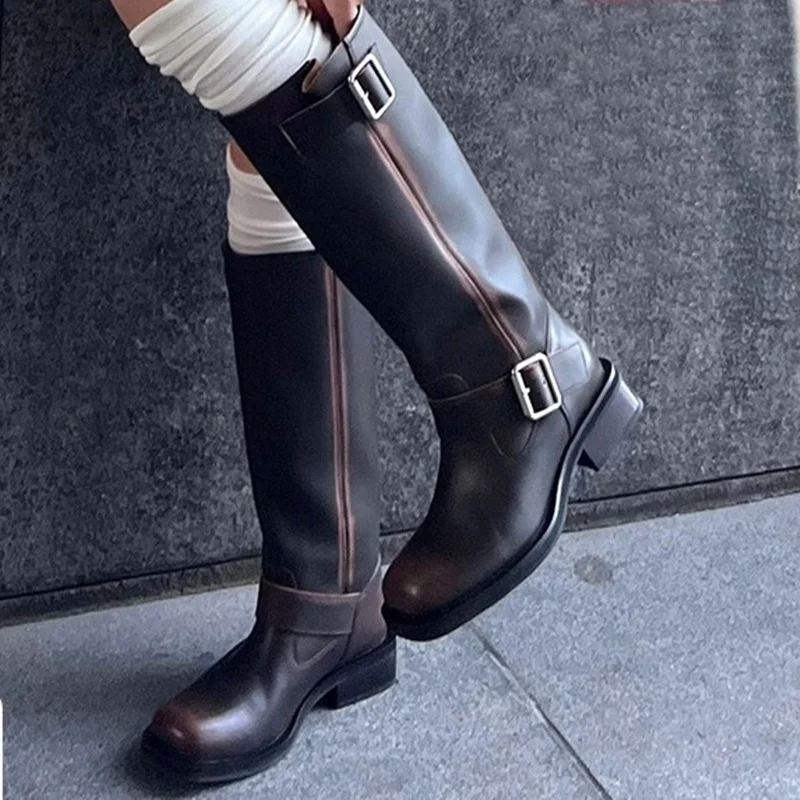 

Metal Buckle Belt Square Toe Slouchy Boots Sewing Knee Hgih Square Heel New Arrivlas Fashion Women Modern Boots
