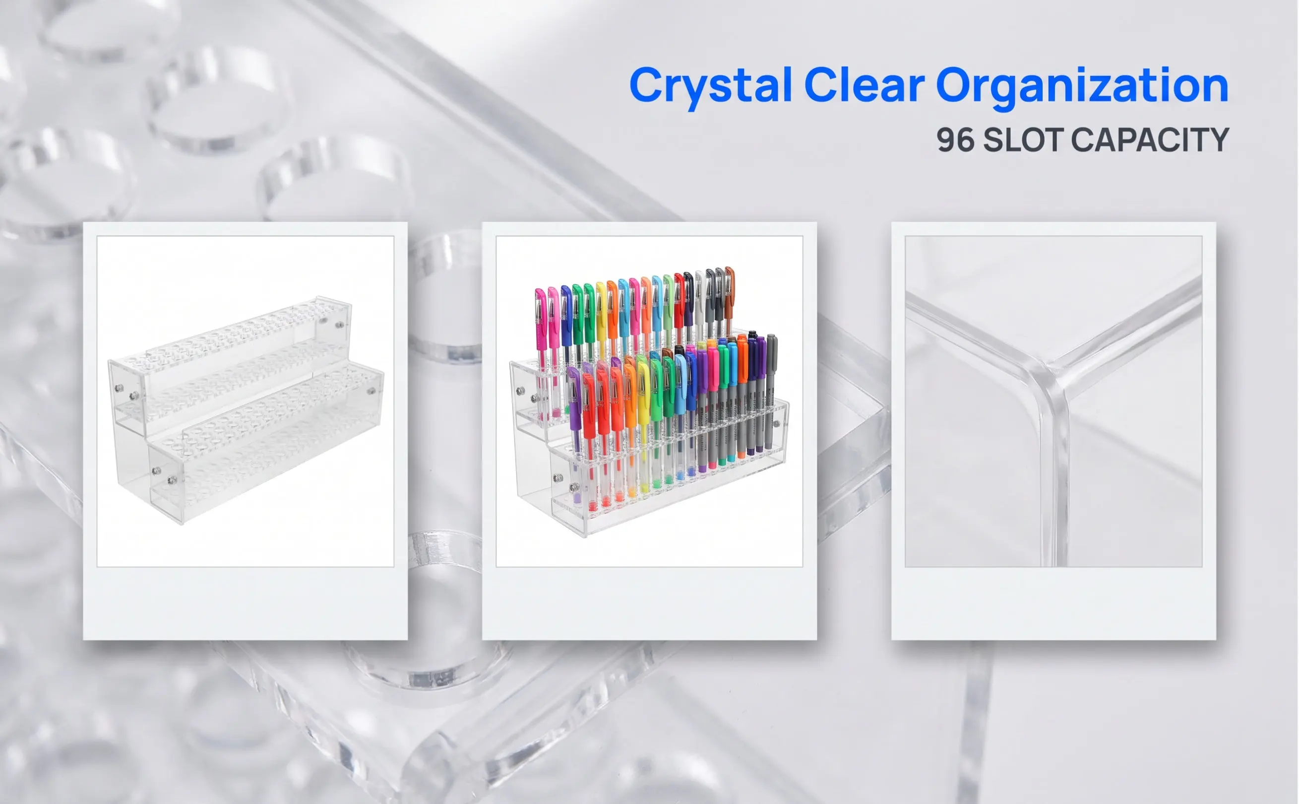 Clear Acrylic Pen Holder 2-Tier 96-Slot Desk Organizer Rack for Art Supplies Markers Brushes Pens Pencil Storage Studio School