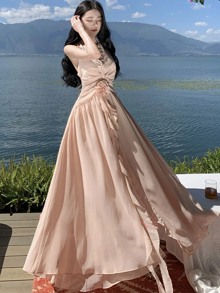 Vestido bohemio de fiesta de vacaciones para mujer, vestido largo de playa con volantes y escote en V profundo, cintura alta, liso, Sexy, sin espalda