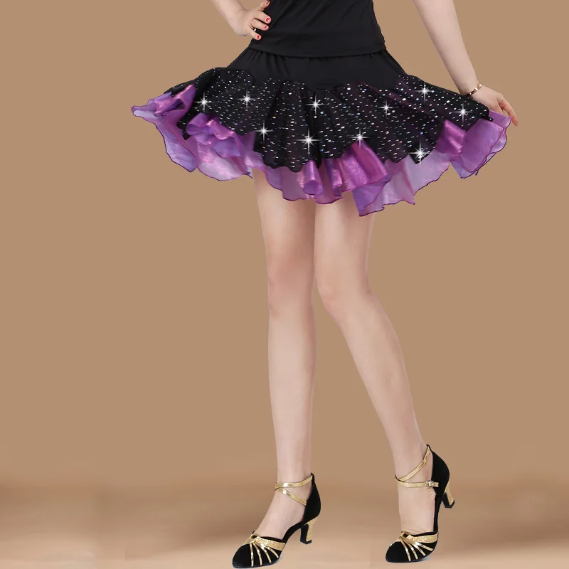 

Sequin Latin Dance Skirt ort f-length Adult Women's Fitn Square Dancing Skirt Slimming Elastic Waist Milk Silk