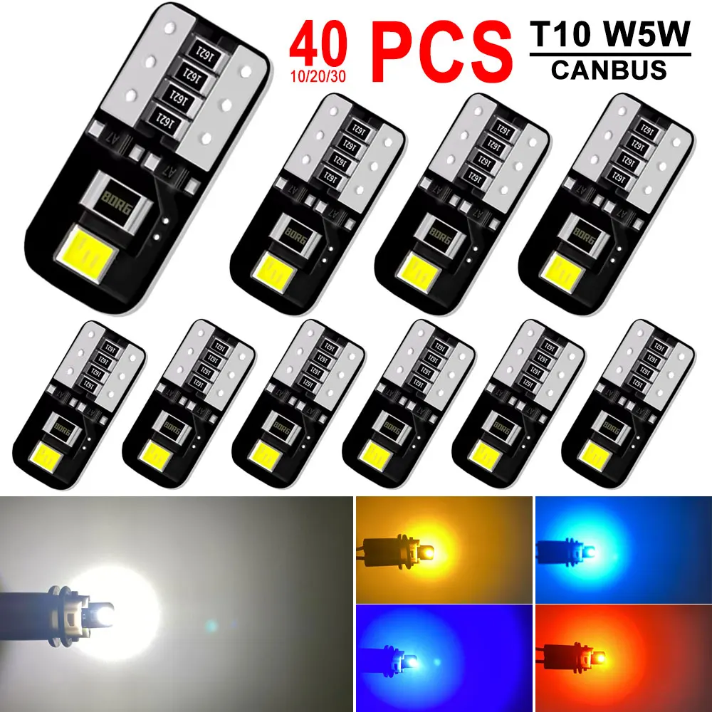 10/20/30/40 PCS CANBUS T10 W5W LED Bulbs For Car Interior Dome Door Map Trunk License Plate Lights 12V 2835-SMD White Yellow Red