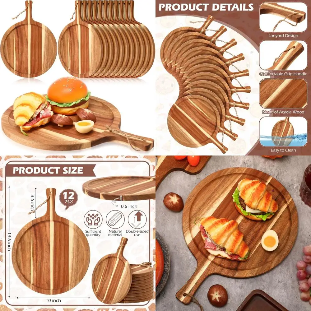 

Round Acacia Wood Serving Trays with Handles, Set of 12, Ideal for Kitchen Use: Charcuterie, Pizza, Bread, Cheese, Fruits, and V
