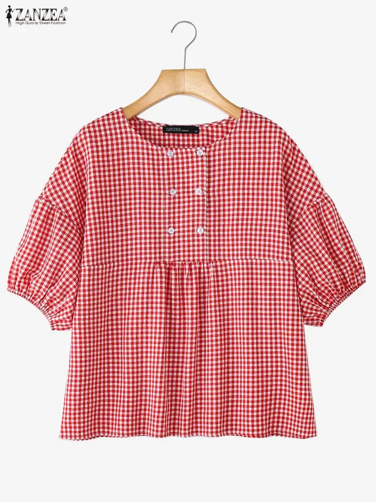 

ZANZEA женские клетчатые блузки, лето 2025, повседневная одежда с круглым вырезом и короткими рукавами-фонариками, клетчатые топы Babydoll, женская повседневная одежда, 3XL