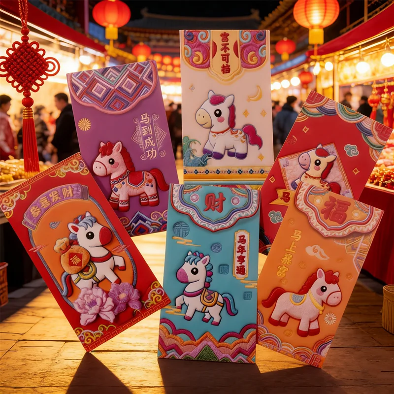 

Красные конверты с мультяшными лошадьми на 2026 год ​ Набор из 6 конвертов для денег на Китайский Новый год, подарок на Весенний фестиваль, тематический набор Хун Бао с изображением знаков зодиака