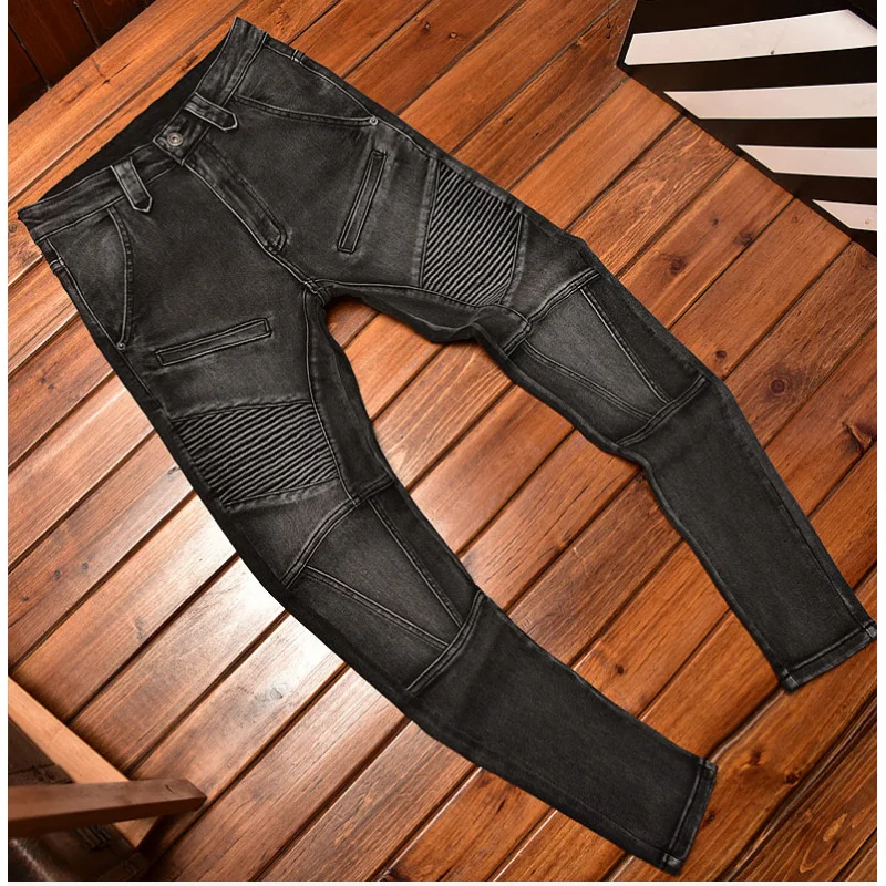 

Motorcycle Jeans Black and Gray for Men 2024 Fashion Rock Skinny Pants Personality Stitching Vintage Men's Skinny Trousers