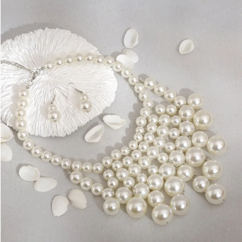 Kymyad Ethnic Style Handmade Jewelry Sets Simulated Pearl Tassel Chains Necklace Earrings Set For Women Bijoux Statement Collar