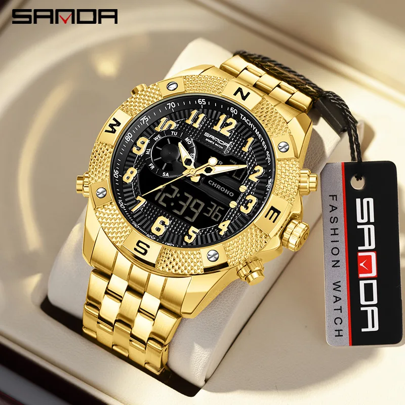 SANDA Electronic Watch for Men Dual Display Multifunction Men Watch Alarm Stopwatch Bimodal Time Luminous Wristwatches