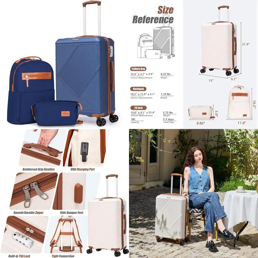 Ensemble de bagages légers 3 pièces avec porte-bagage Spinner de 20 pouces, coque rigide ABS, serrure TSA, idéal pour les voyages et les voyages d'affaires