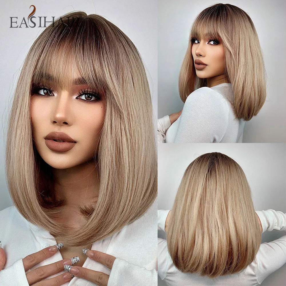 EASIHAIR Short Straight Bob Wigs with Bang Golden Brown Natural Synthetic Hair for Women Daily Cosplay Heat Resistant Fiber Wigs