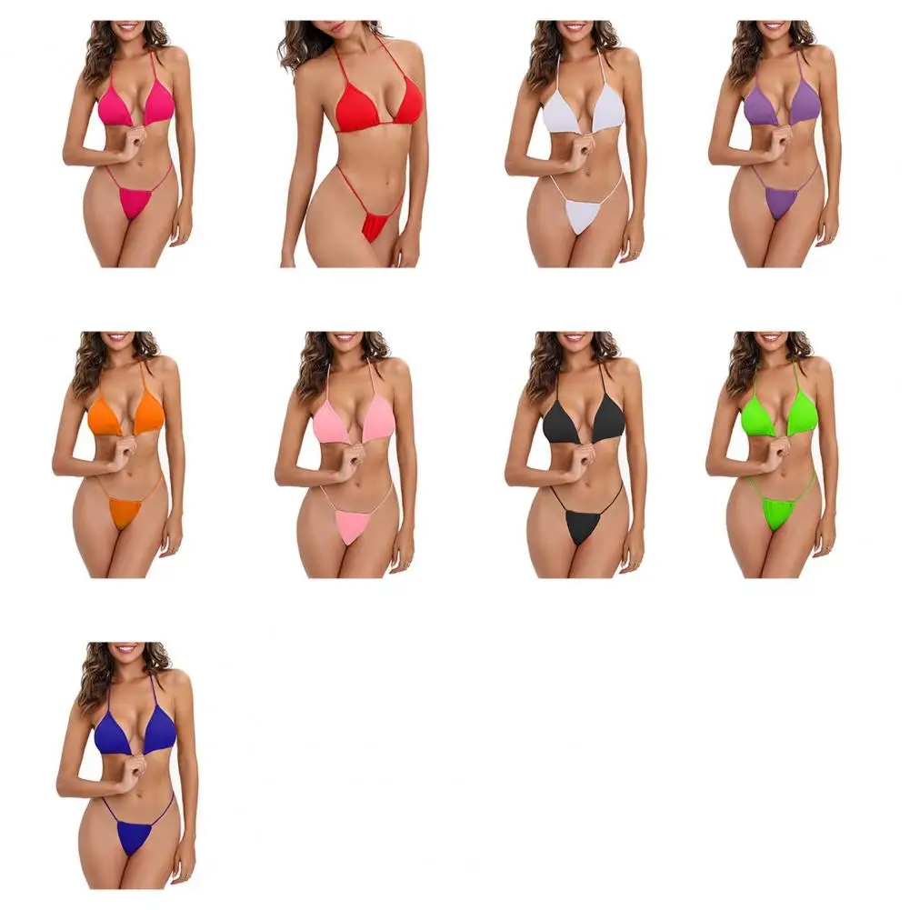 

Summer Women 2 Piece Bikini Set Casual Bathing Suit Female Solid Halter Bra With Side Tie Thong Swimwear 2Pcs Bathing Suit