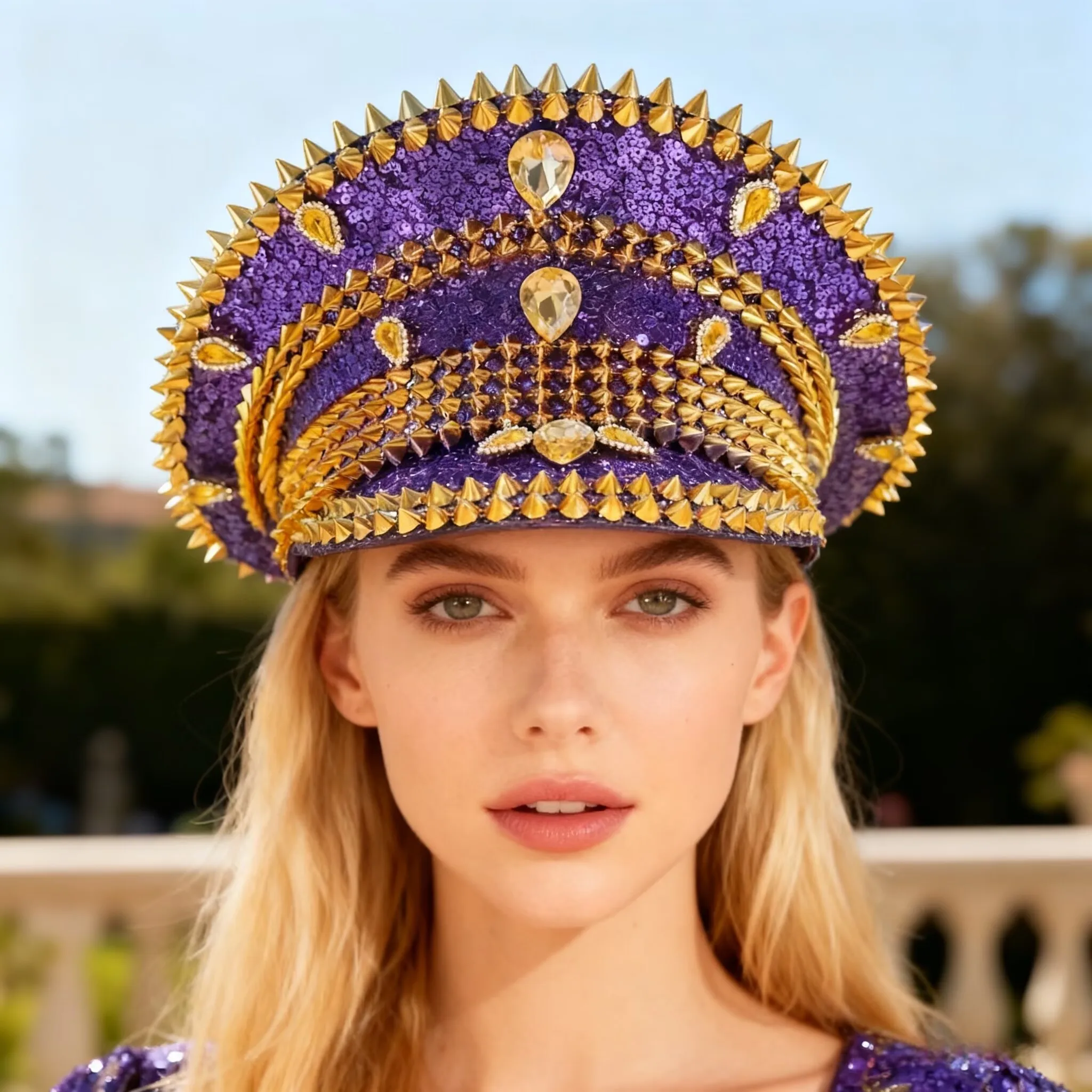 HongLuan Yellow Laser Leather Loop Captain Hat Rhinestone & Military Caps for Woman, Rave Festivals Accessories ＆ Party Cap Man