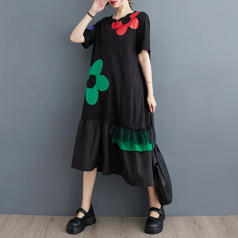 #3421 Flower Printed A-line Dress Women Black Long T Shirt Dress Short Sleeve Loose O-neck Korean Style Midi Dress Female Summer