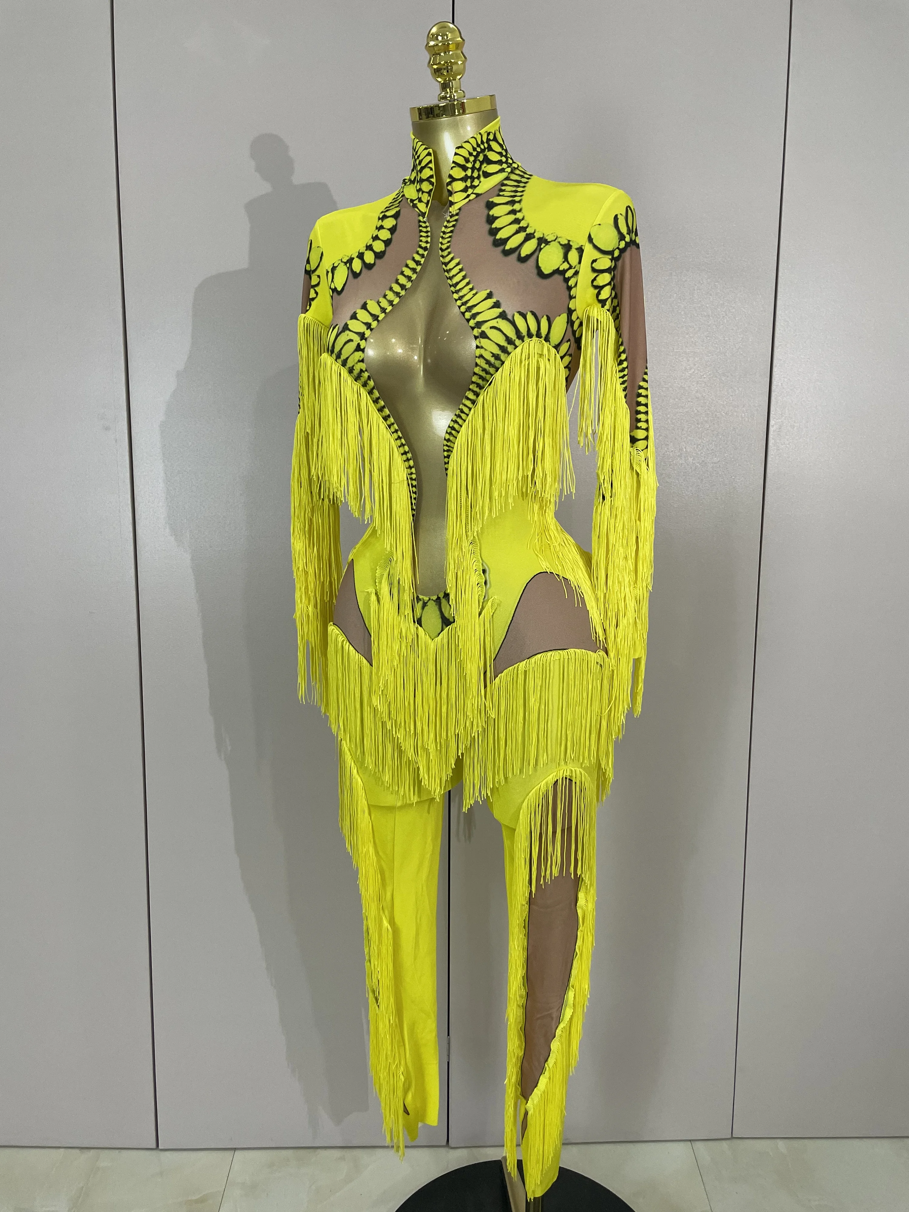 Stage Yellow Tassel Stretch Bodycon Jumpsuit Nightclub Gogo Dance Clothing Dj Rave Nightclub Party Singer Performance Outfit