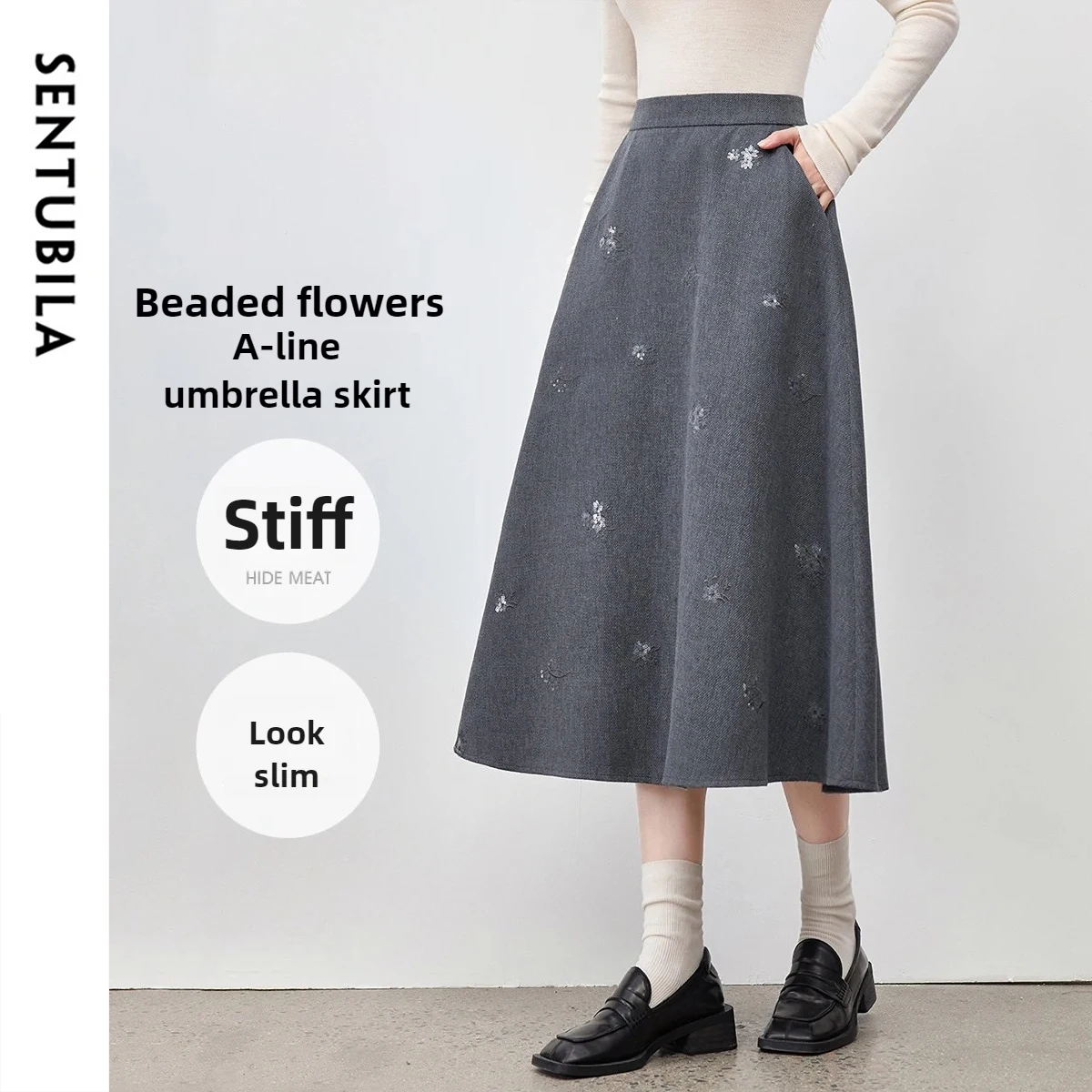 SENTUBILA Women's A Line Umbrella Skirt 2026 Autumn Elastic Waist Beaded Embroidery Fashion Commuting Versatile Skirt 154QG3479