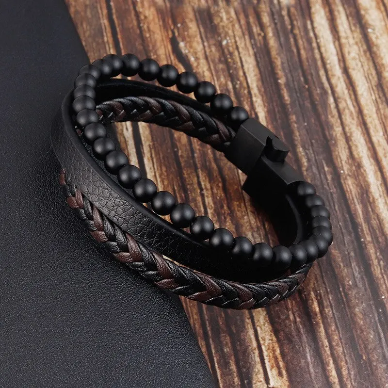 Men Classic Fashion High Quality Leather Bracelet Obsidian Beaded Multi Layer Leather Bracelet For Men Jewelry Gift image 4