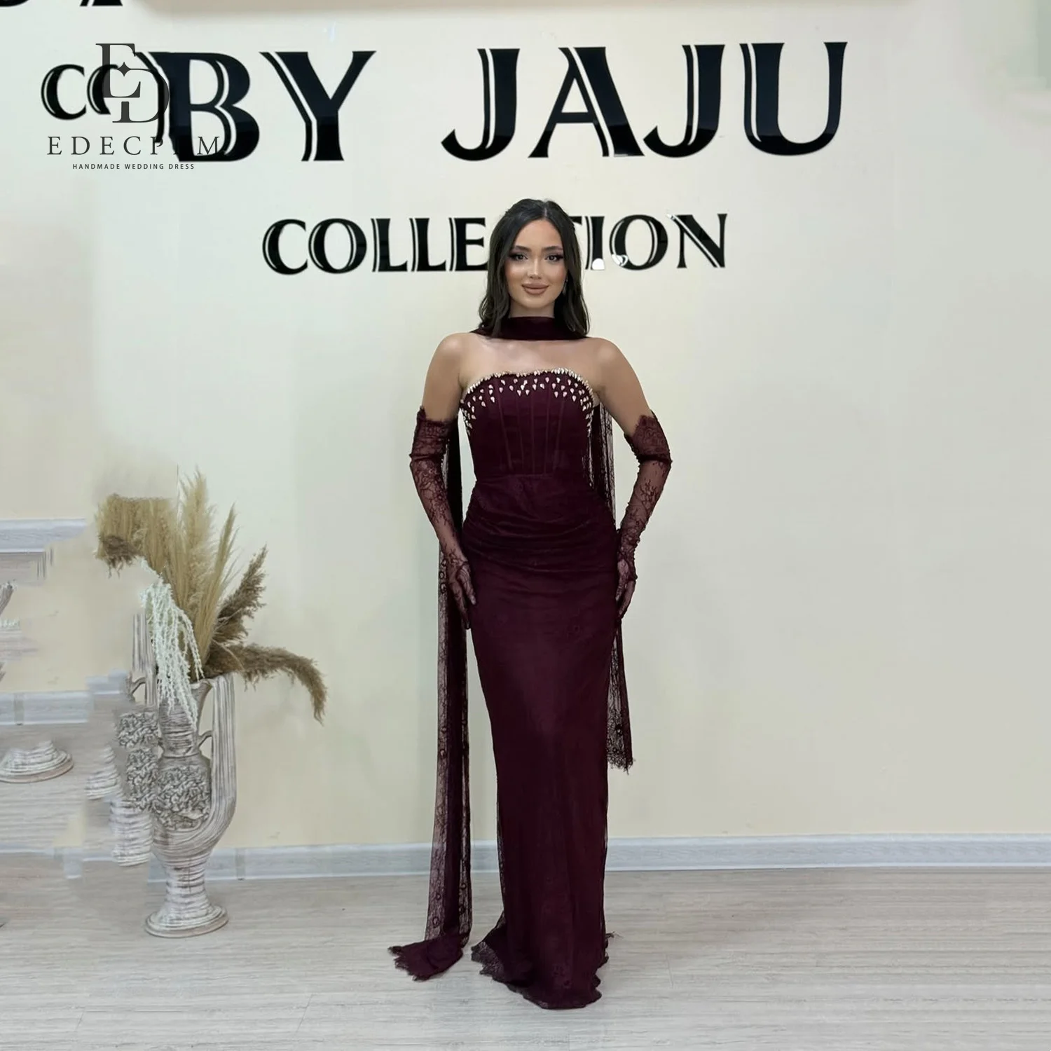 

EDECPBM فساتين سهرة Elegant Party Dresses 2025 Burgundy Mermaid Women Evening Dress Customized Wedding Dresses for Parties Lace