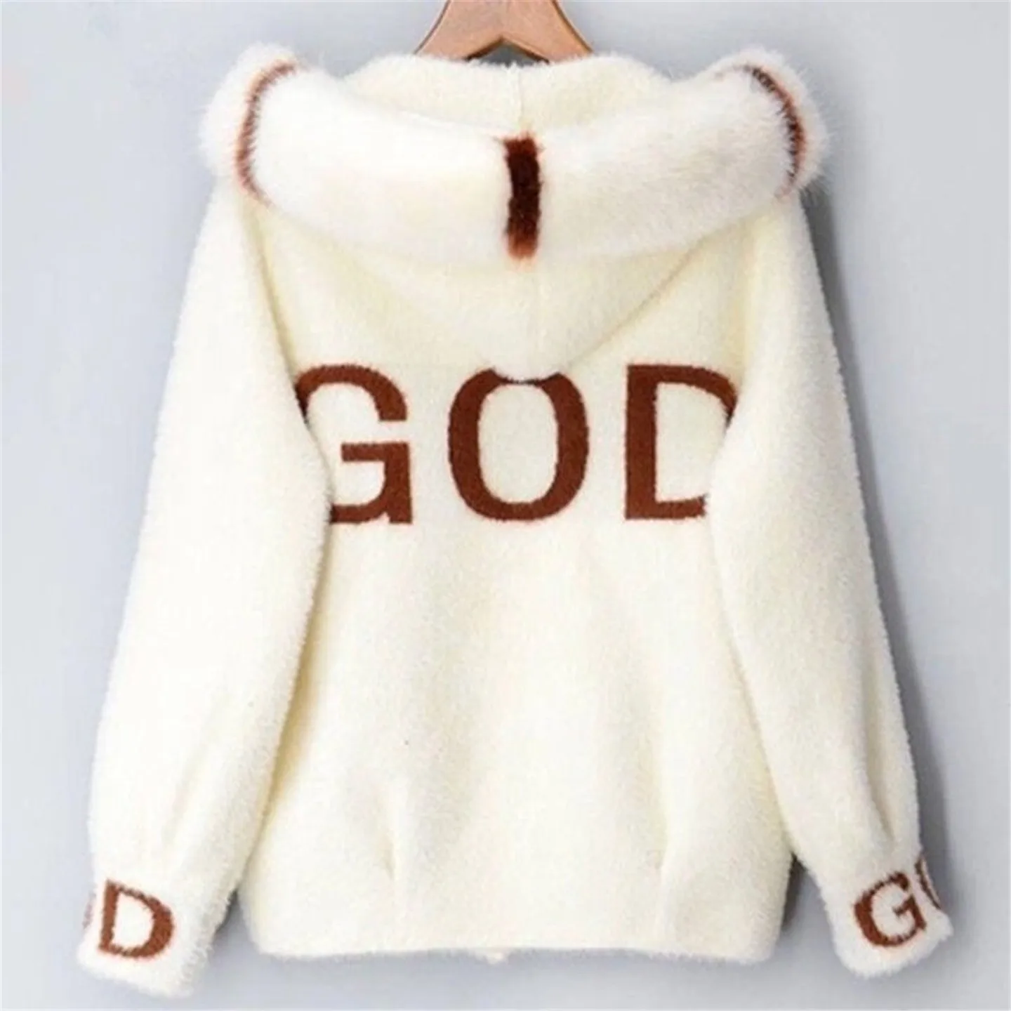 Women's Short Loose Fit Hooded Mink Sweater Coat Korean Style plus Size Slimming Top Brand Unisex Pure Color Long Sleeve