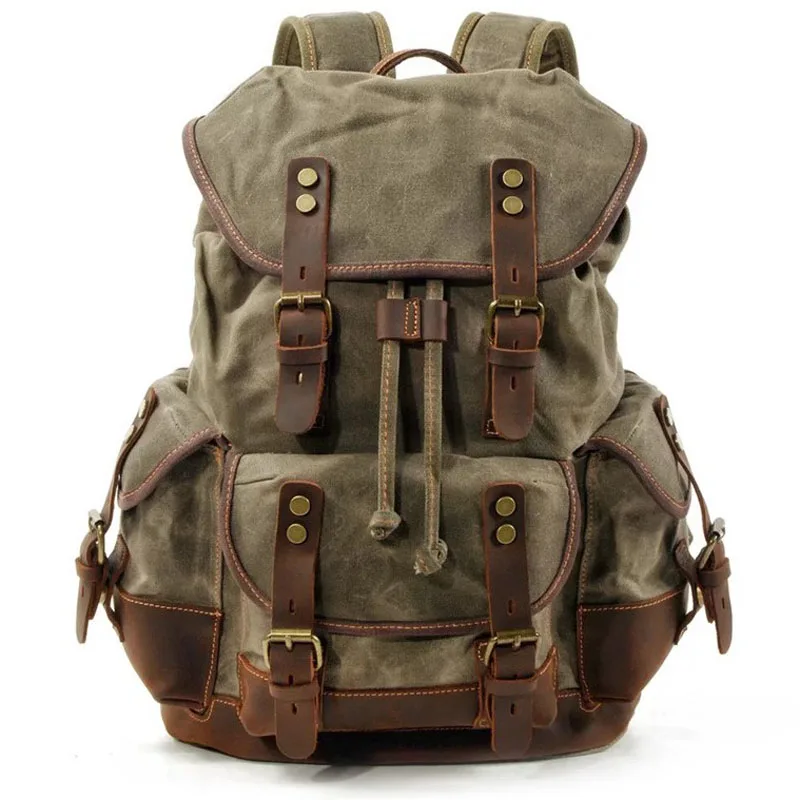 Vintage Waterproof Waxed Canvas Backpacks Leather Men School Bag Bagpack large Daypack High Quality Laptop Backpack Bag Rucksack