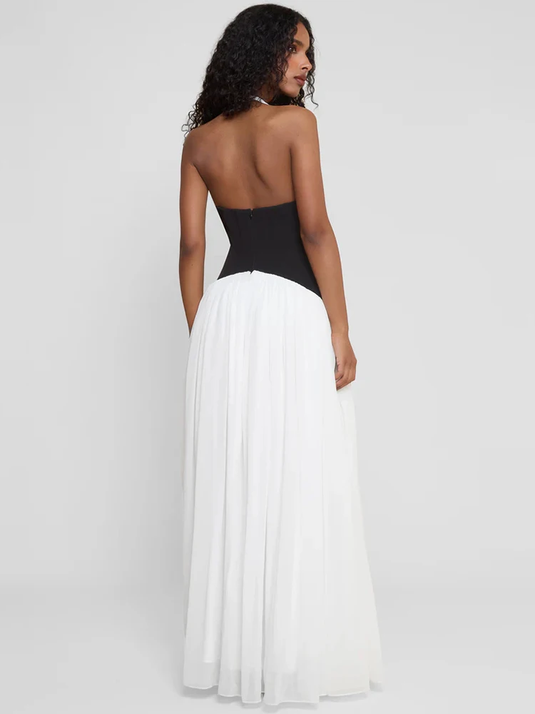 Mozision Halter Deep V Neck Backless Sexy Maxi Dress Women Gown Fashion Patchwork Sleeveless High Waist Club Party Long Dress