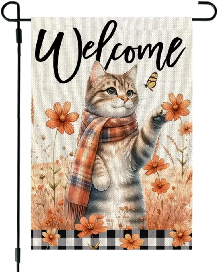 CROWNED BEAUTY Fall Cat Garden Flag 12x18 Inch Double Sided for Outside Small Burlap Welcome Floral Autumn Holiday Yard Decorati