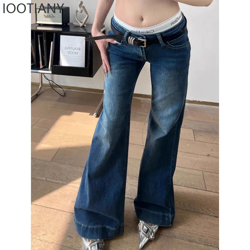 Sexy Slim Fit Low Rise Jeans Women Y2K Street Style Straight Leg Flare Pants Woman American Vintage Dark Blue Denim Long Jeans