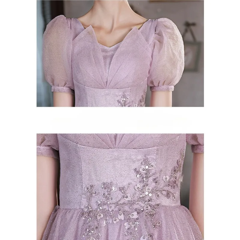 2025 Women's New Mesh Sexy V-neck Sparkling Evening Dress Fashionable Slimming Princess Sleeve Banquet President's Dress