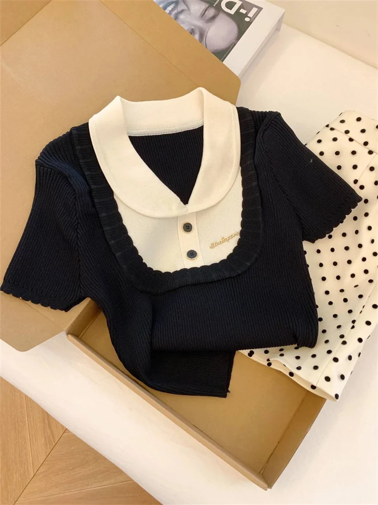 

Faionable Knitted ort Sve Collared Top for Men And Women Summer Pure Desire Sle Versatile Ele Unique Design Top