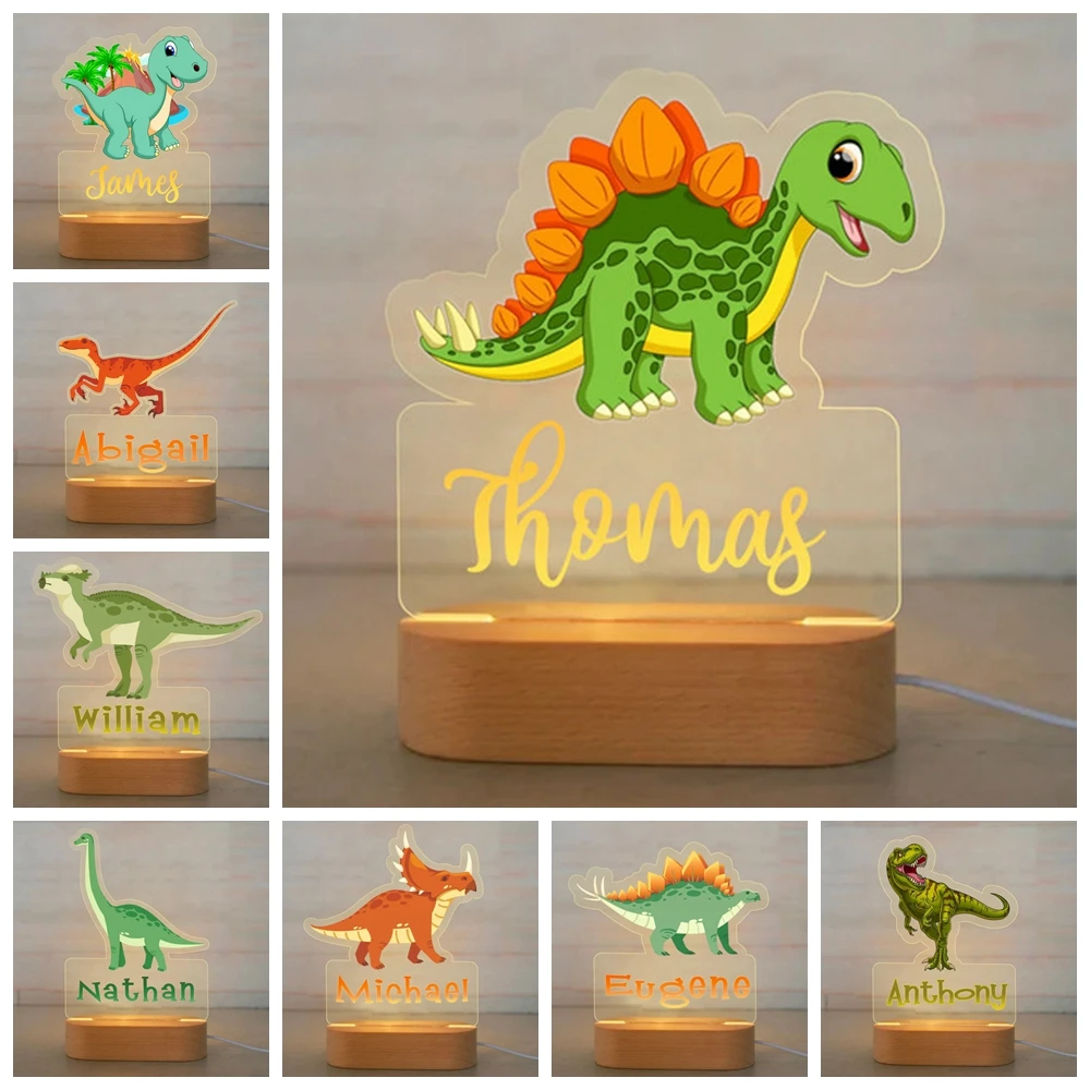 Custom Name Dinosaur/Turtle LED USB Night Light Personalized Cartoon Acrylic Lamp for Baby Boys Kids Children Home Decoration