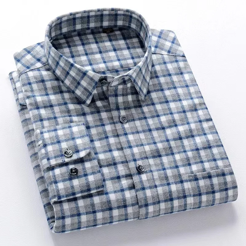 

New spring and autumn style Men's furry plaid cotton shirt Business casual lapel men's cotton shirt