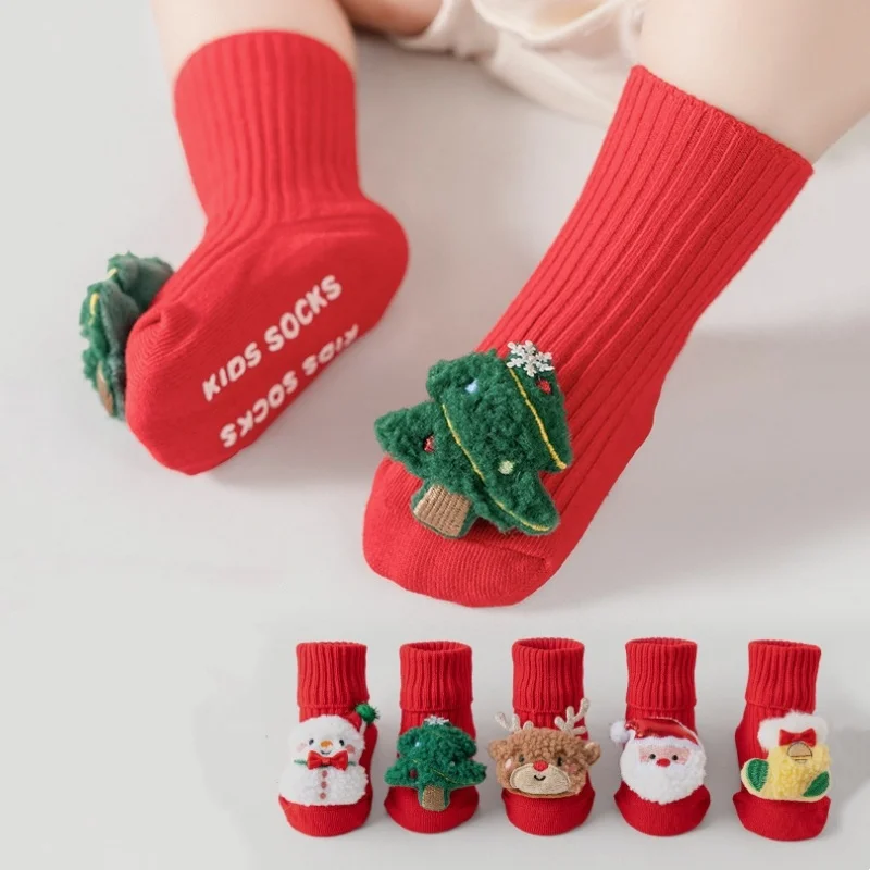

Newborn Baby Christmas Socks Cotton Kids Santa Claus Short Sock Infant Toddler Non-slip Floor Socks With Cute Doll For Girls Boy