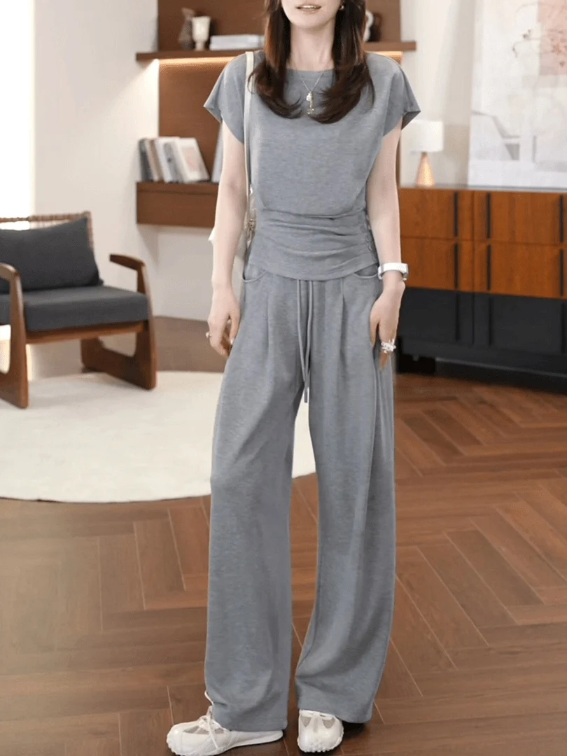 

Casual High Waist Wide Leg Pants Short Sleeve T-Shirt Women's Summer Loose Feelings Set Comfortable Breathable Fashionable