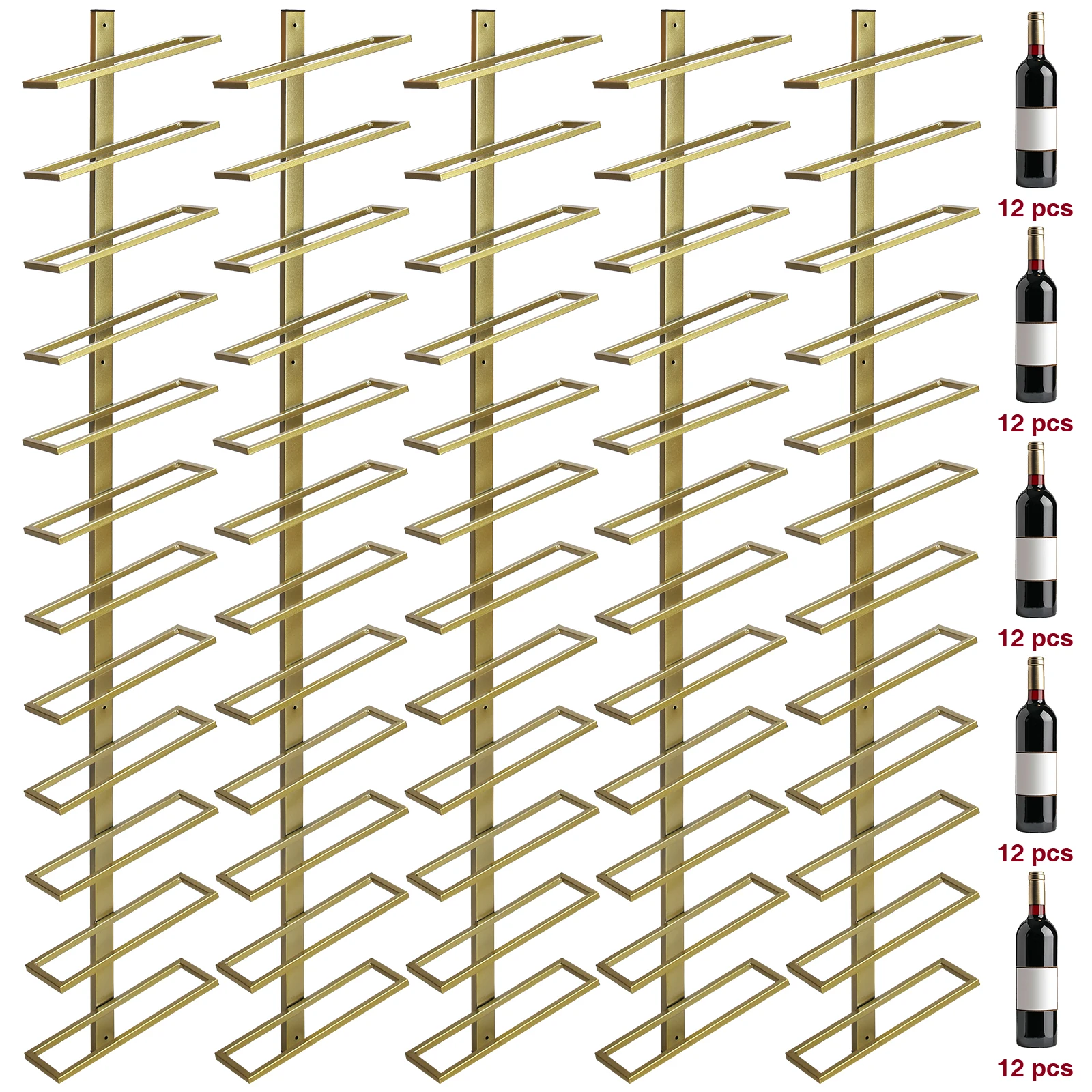 5 Pack Wall Mounted Wine Rack for 60 Wine Bottles Metal Storage Rack Wine Storage Organizer for Bar Kitchen Cellar Restaurant