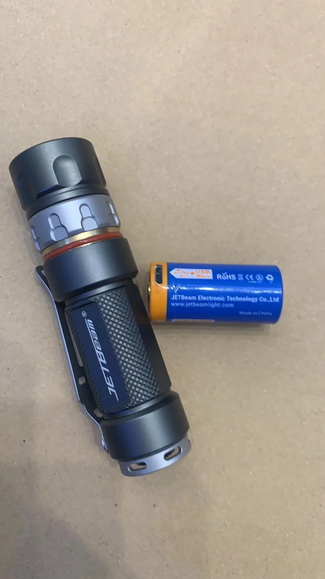 JETBeam RRT01 950 Lumen Stepless Dimming Tactical Flashlight 3-Modes with Micro-USB Rechargeable 18350 Battery Camping Torch