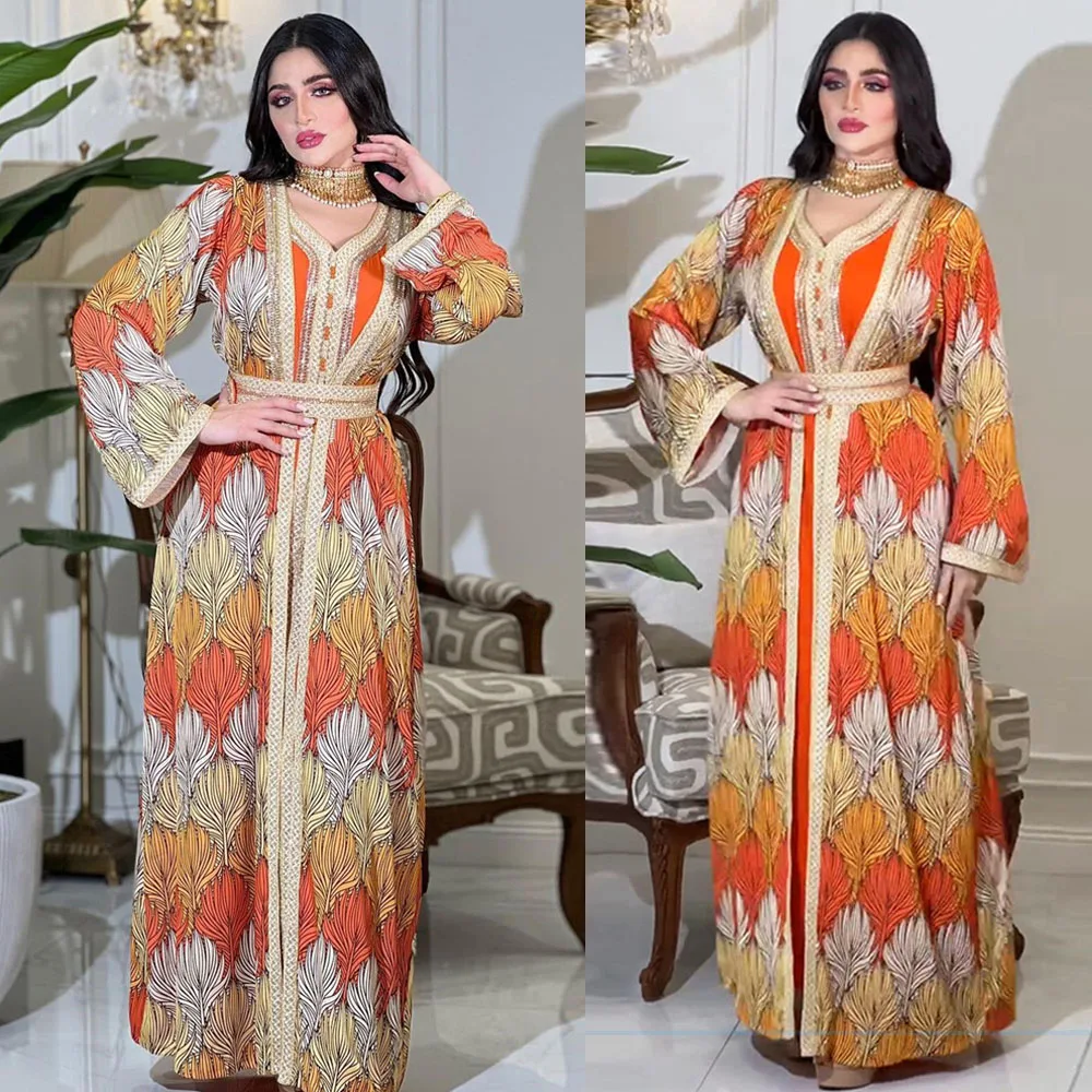 

Elegant Leaf Printed Belted Dress Moroccan Jalabiya Luxury Diamonds Two-piece Long Dresses Abayas For Women Muslim Sets Ramadan