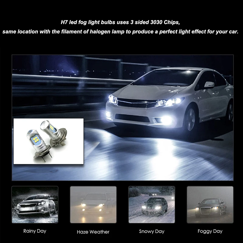 

2pcs H7 LED Fog Light Bulbs High Power 750 Lumens 6000K Xenon 12V For Volkswagen Golf 4 5 6 7 MK4 7 Passat Car Accessories