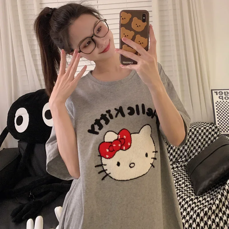 Sanrio Hello Kitty Silk Pajamas Women\'s Cotton Pajamas Summer Short Sleeve Mid Skirts Comfortable Cartoon Home Women\'s Pajamas