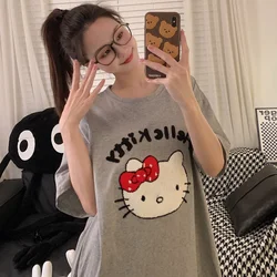 Sanrio Hello Kitty Silk Pajamas Women's Cotton Pajamas Summer Short Sleeve Mid Skirts Comfortable Cartoon Home Women's Pajamas