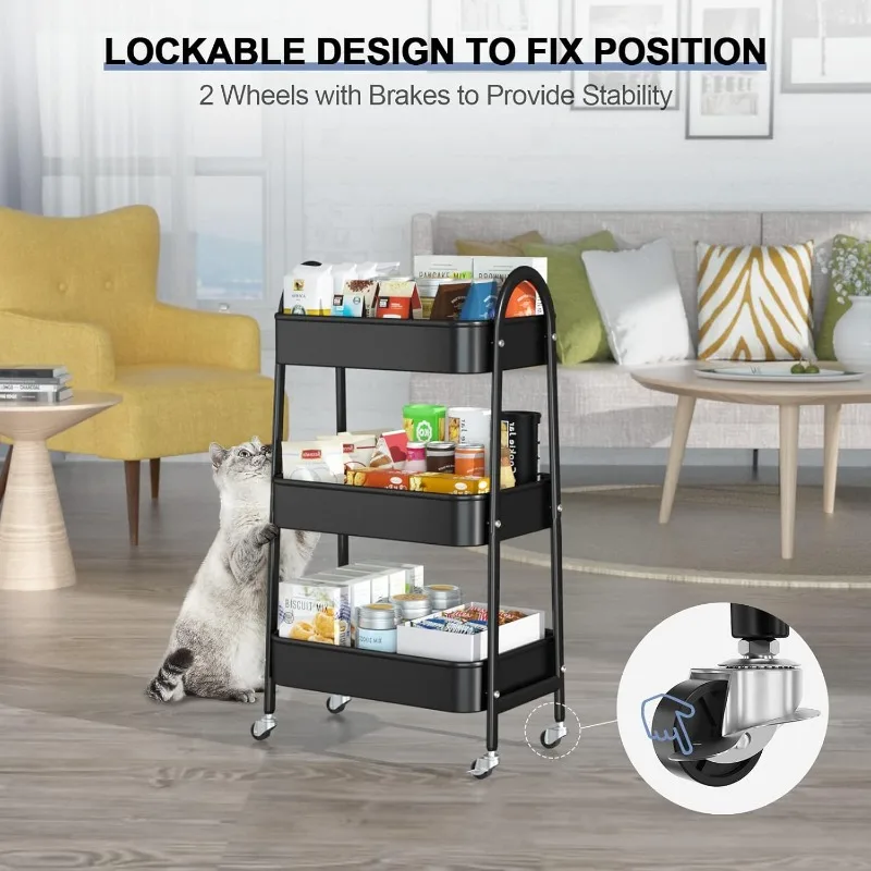 3 Tier Utility Rolling Cart, Metal Storage Cart with Handle and Lockable Wheels, Multifunctional Storage Organizer Trolley