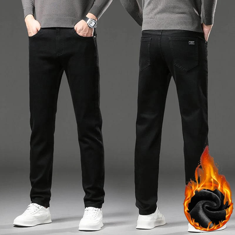 2025 Winter Warm Men's Fleece Thick  Pants Business Stretch Slim Fit Denim Pants Classic Casual Black Gray Blue Trousers