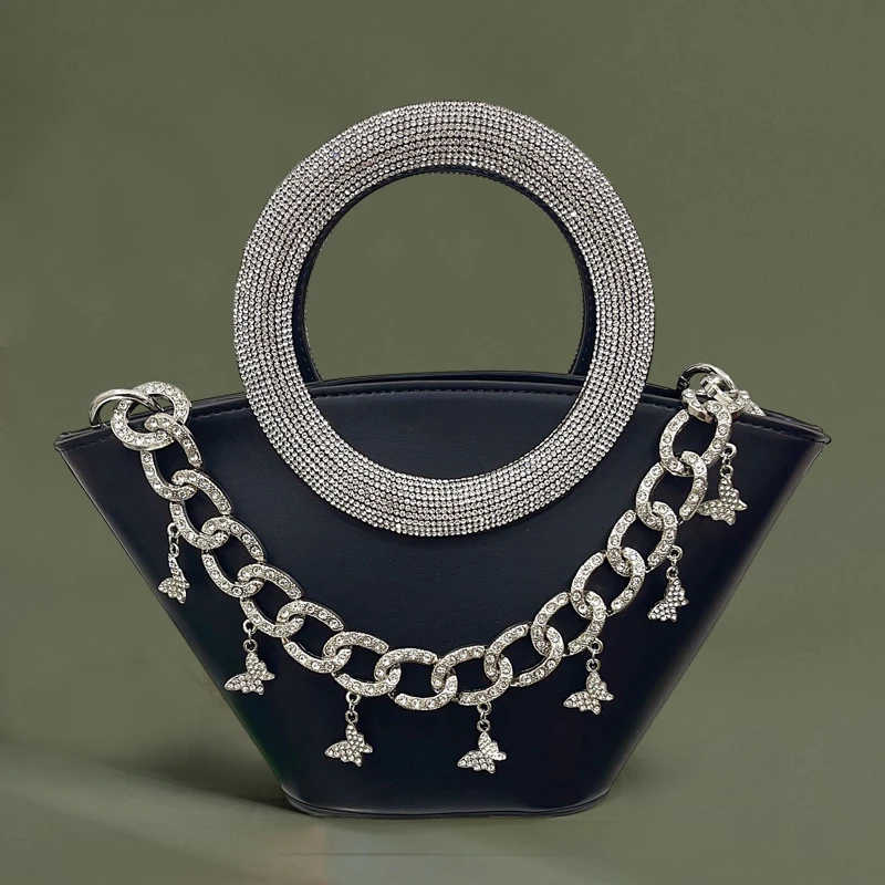 Ladies Evening Bags For Women Luxury Designer Handbag Purse 2023 New In PU Ring Top Handle With Chain Imitation Diamond Shoulder