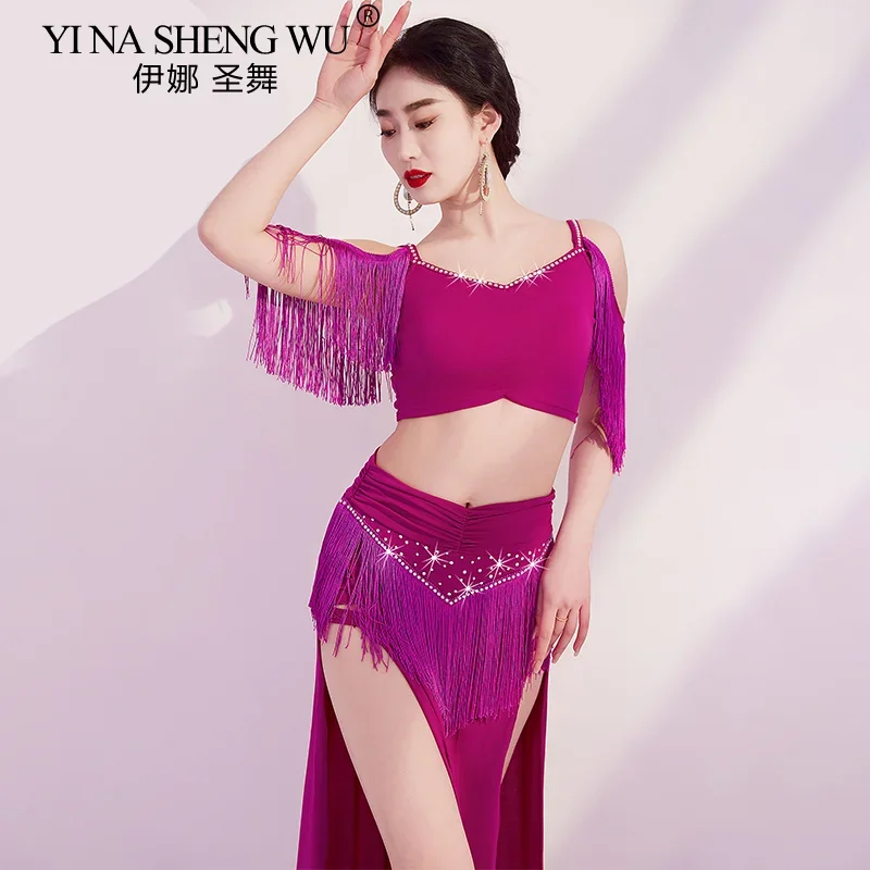 Belly Dance Costume Women Sexy Rhinestone Fringe Top And Long Skirt Set With Tassels Glitter Sleeveless Split Oriental Dance Set