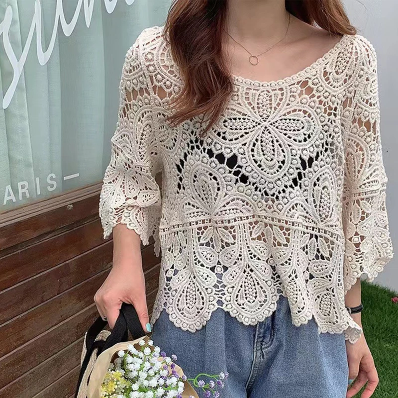 Women French Hollow Out Crochet Knit T-Shirt Summer Flared 3/4 Sleeve Crewneck Floral Lace Loose Blouse Beach Cover Up Tops