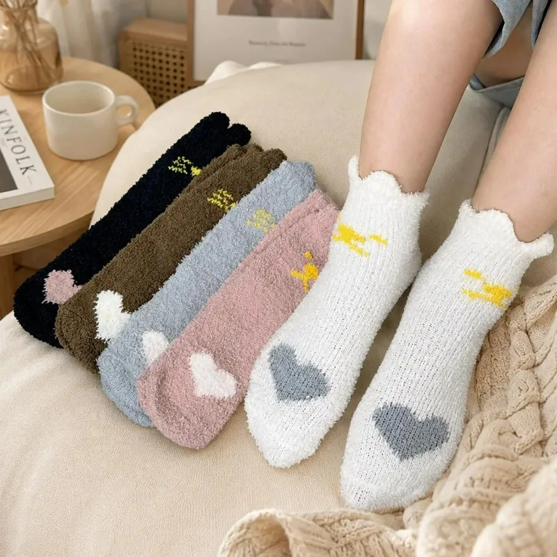Embroidered Animal Floor Socks for Women Warm Coral Fleece Plush Home Sock Winter Sleeping One Size Soft Thick Cute Heart Design