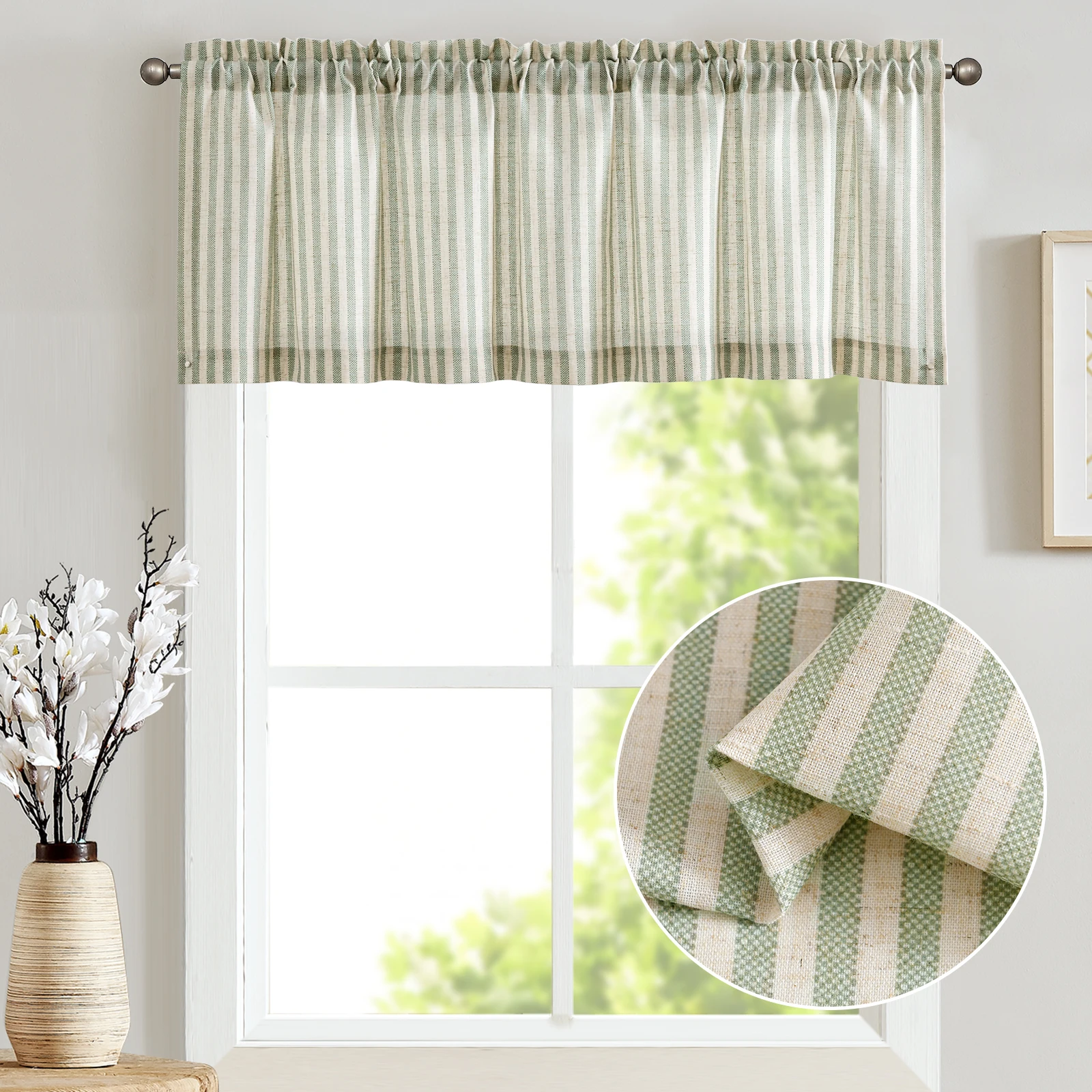 JINCHAN 50*16 Inch Valance Curtain Linen Textured Striped Pattern Short Curtain Rod Pocket Kitchen Small Window Curtain Valance