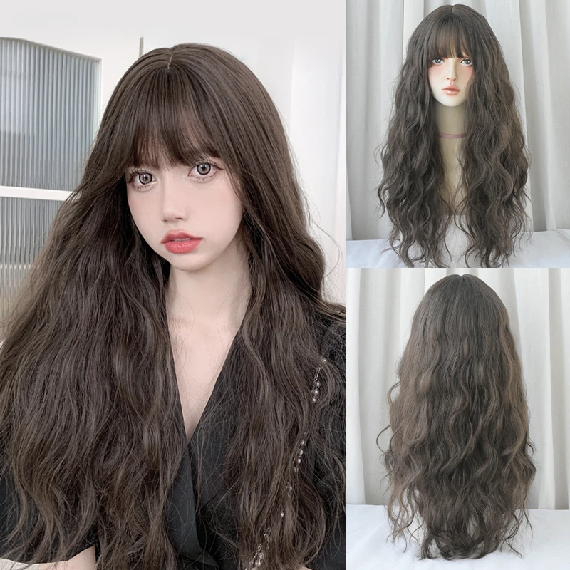 

Synthetic Layered Light Brown Hair Neat Bangs High Density Loose Curly Wave Cool Brown for Women Daily Wigs