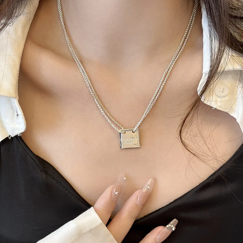Real 925 Sterling Silver New Ladies Fashion Jewelry Two Layers Letter Square Brand Pendant Necklaces For Women Length 45CM
